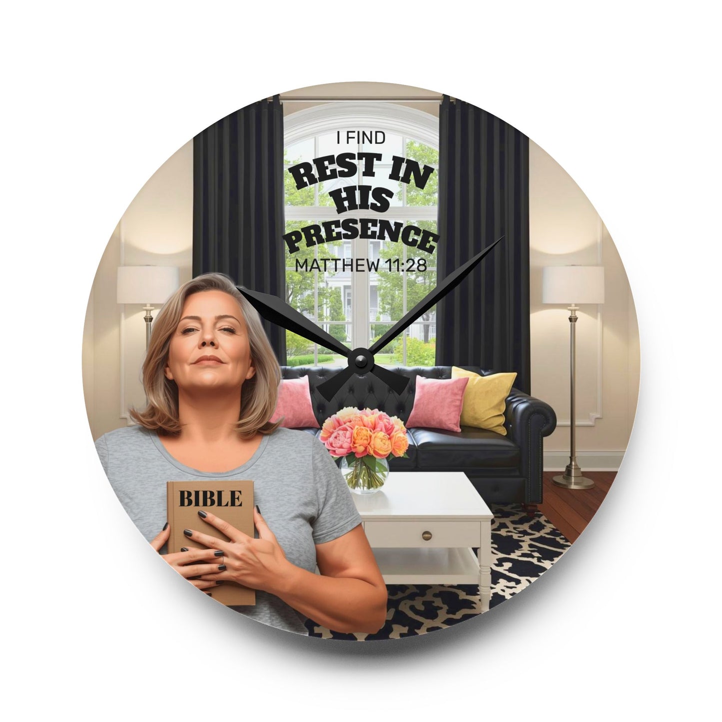 Matthew 11:28 Acrylic Wall Clock - Fair Skin