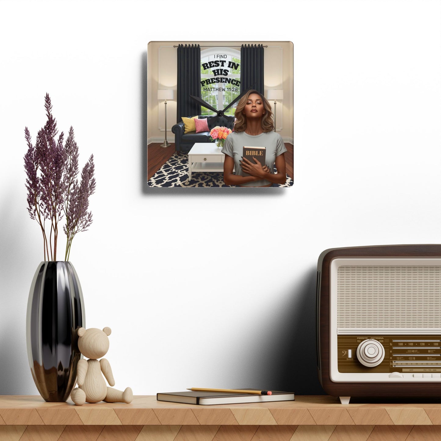 Matthew 11:28 Acrylic Wall Clock - Dark Skin