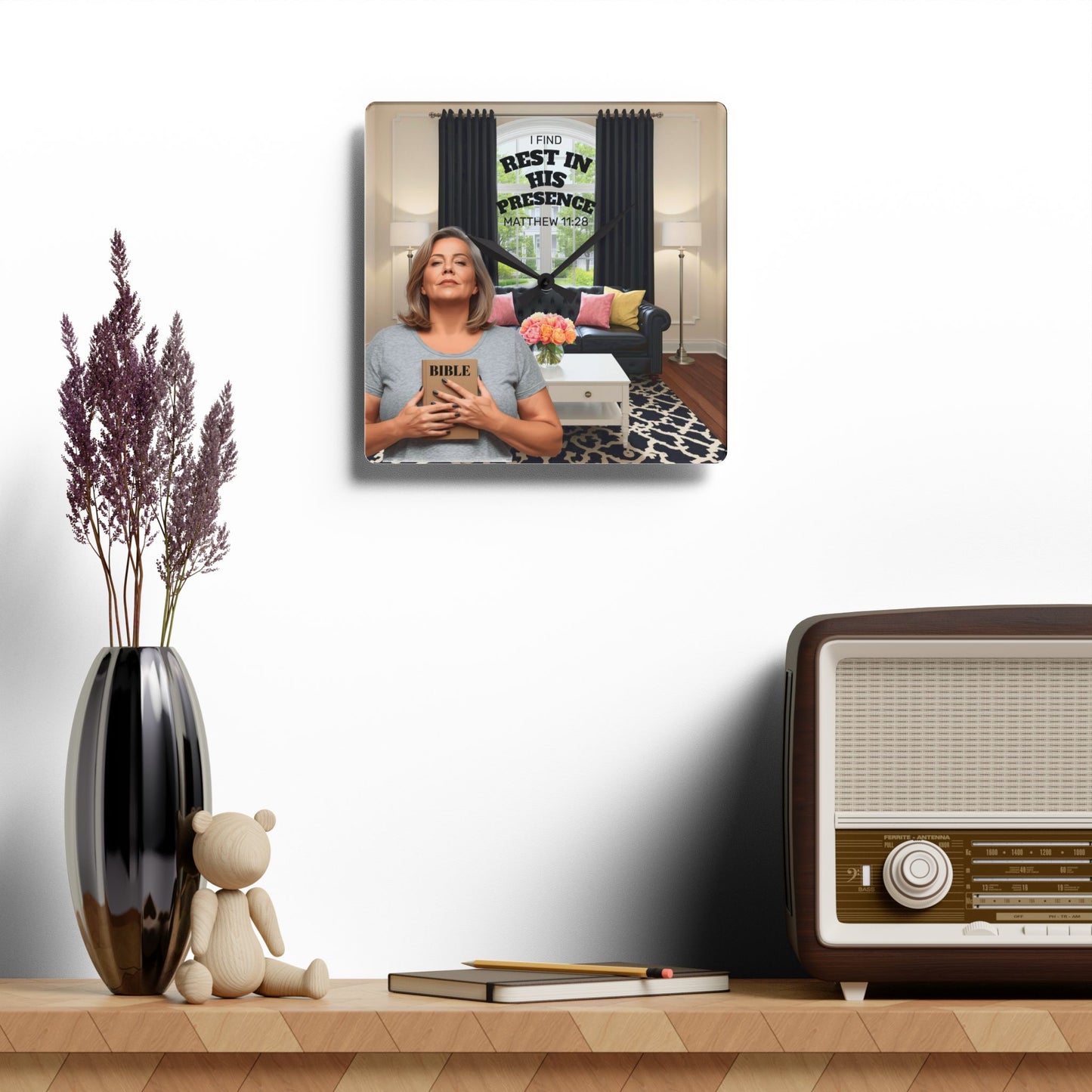 Matthew 11:28 Acrylic Wall Clock - Fair Skin